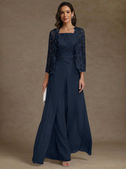 3 Pieces Square Collar Chiffon Mother of the Bride Pantsuits with Jacket Lace Ankle-Length with Overskirt Long Sleeves