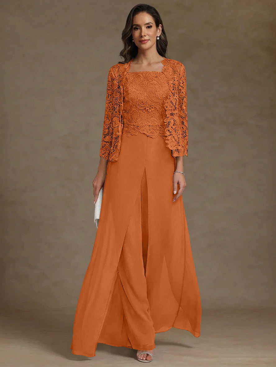 3 Pieces Square Collar Chiffon Mother of the Bride Pantsuits with Jacket Lace Ankle-Length with Overskirt Long Sleeves
