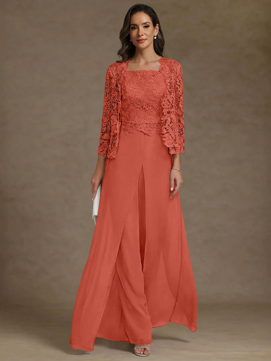 3 Pieces Square Collar Chiffon Mother of the Bride Pantsuits with Jacket Lace Ankle-Length with Overskirt Long Sleeves