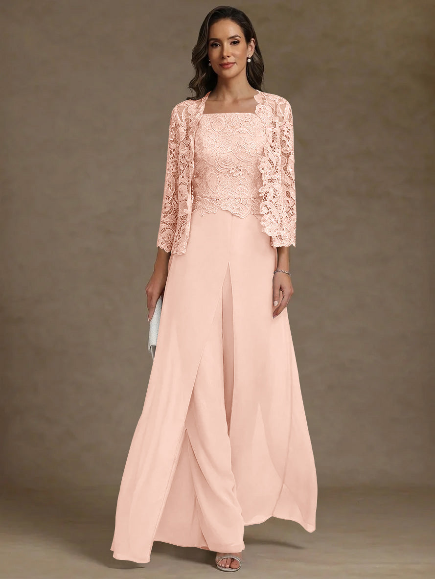 3 Pieces Square Collar Chiffon Mother of the Bride Pantsuits with Jacket Lace Ankle-Length with Overskirt Long Sleeves