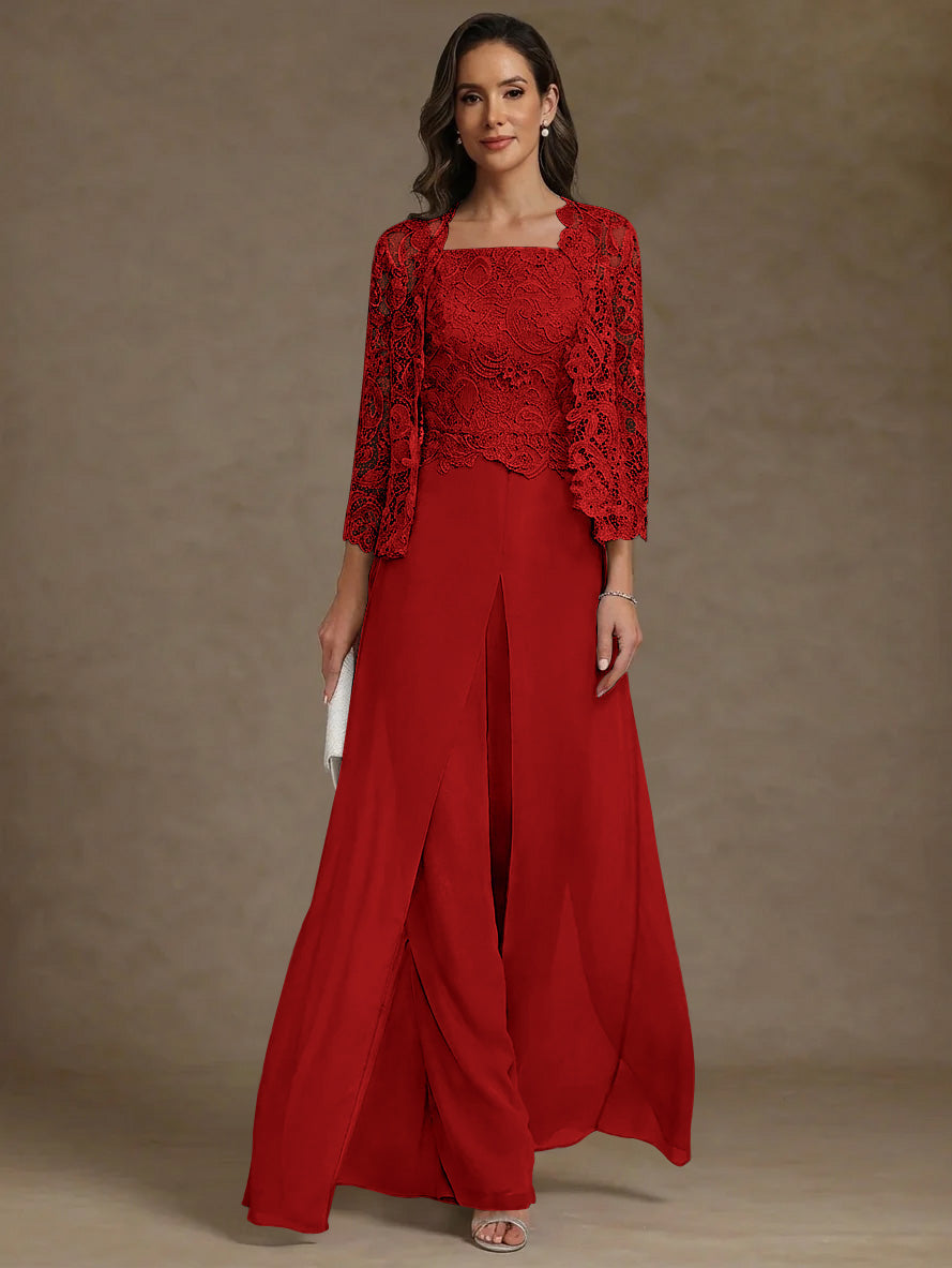3 Pieces Square Collar Chiffon Mother of the Bride Pantsuits with Jacket Lace Ankle-Length with Overskirt Long Sleeves