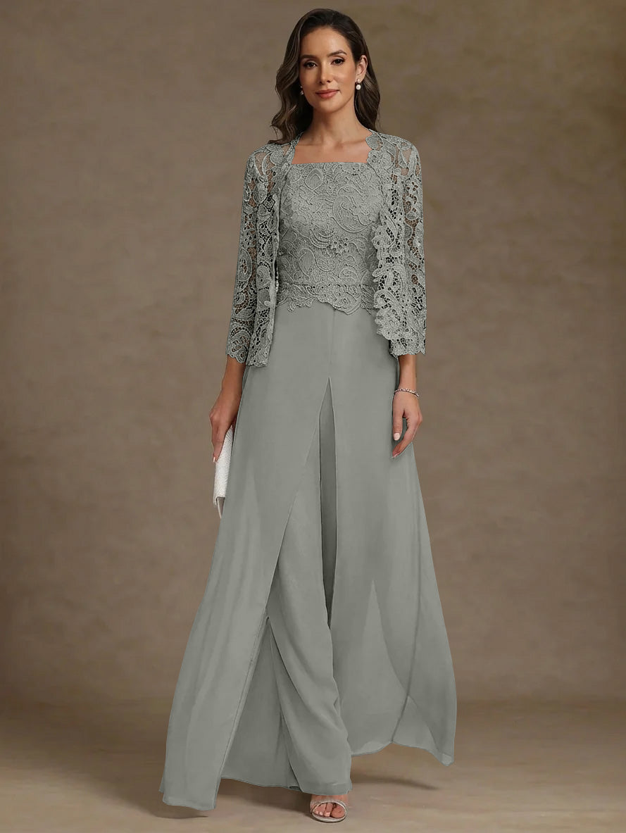 3 Pieces Square Collar Chiffon Mother of the Bride Pantsuits with Jacket Lace Ankle-Length with Overskirt Long Sleeves