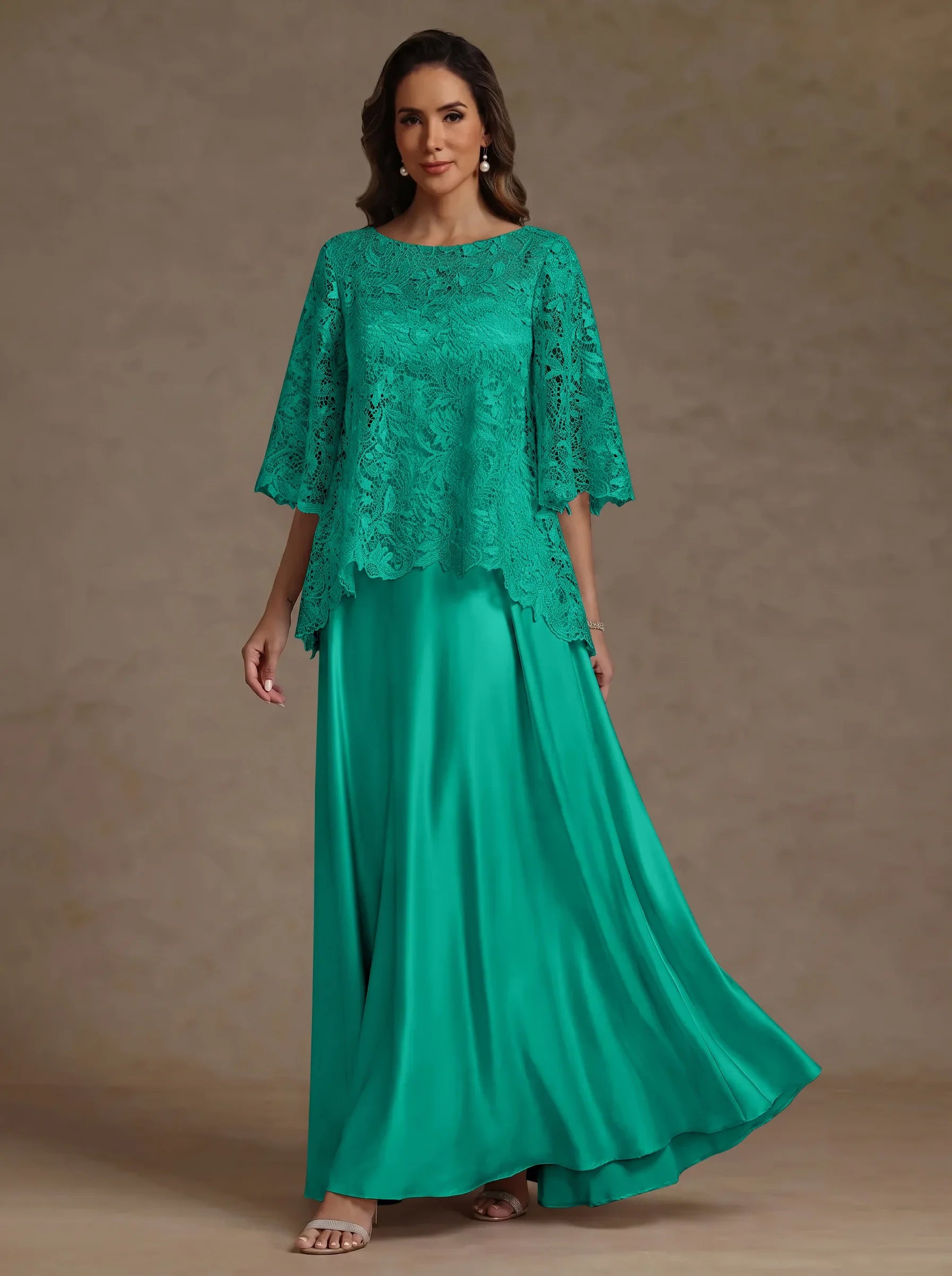 2 Pieces A-Line/Princess Silk Satin Scoop Mother ofthe Bride Dresses  Lace Floor Length Short Sleeves