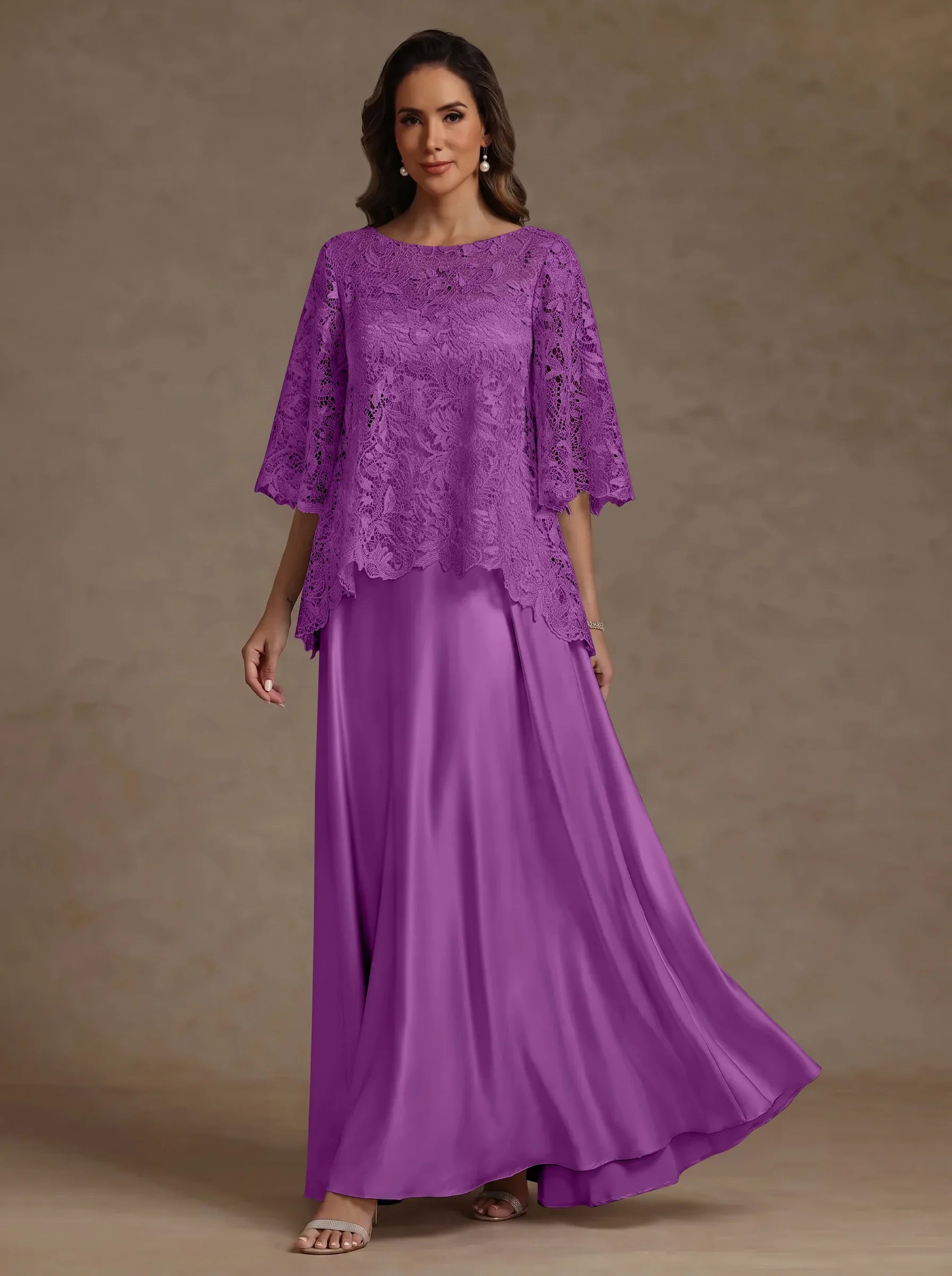 2 Pieces A-Line/Princess Silk Satin Scoop Mother ofthe Bride Dresses  Lace Floor Length Short Sleeves