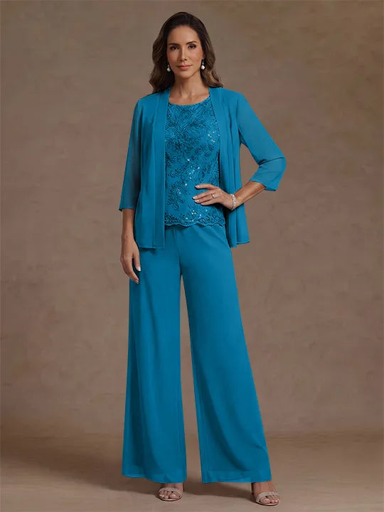 3 Pieces Suit Chiffon Mother of the Bride Pantsuits with Jacket Scoop 3/4 Sleeves Ankle Length Lace Sequins