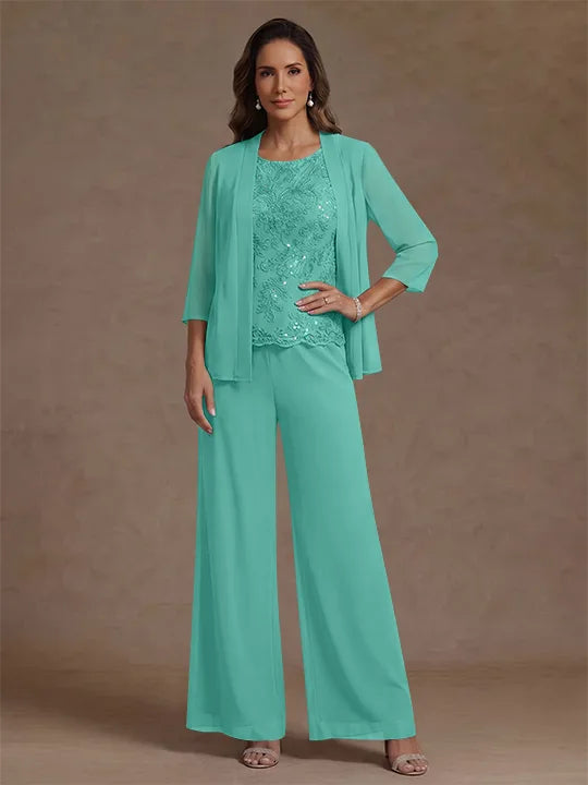 3 Pieces Suit Chiffon Mother of the Bride Pantsuits with Jacket Scoop 3/4 Sleeves Ankle Length Lace Sequins