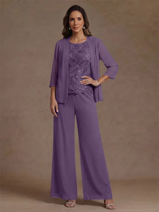 3 Pieces Suit Chiffon Mother of the Bride Pantsuits with Jacket Scoop 3/4 Sleeves Ankle Length Lace Sequins