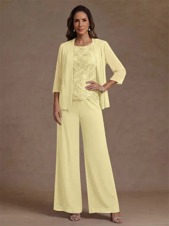 3 Pieces Suit Chiffon Mother of the Bride Pantsuits with Jacket Scoop 3/4 Sleeves Ankle Length Lace Sequins