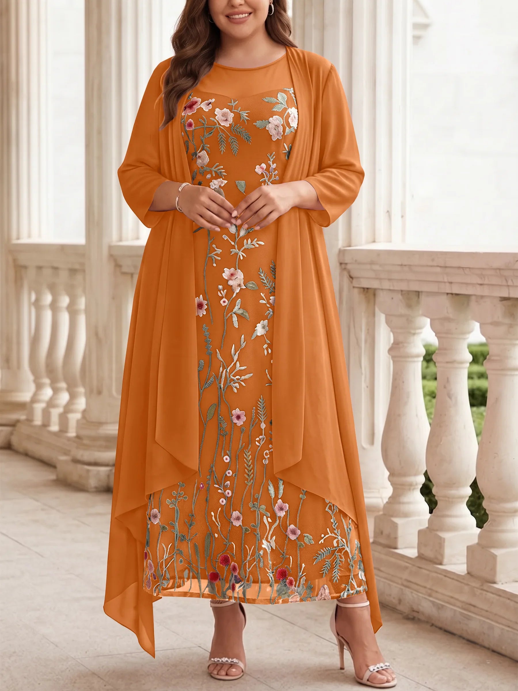 2 Pieces A-Line/Princess Scoop Chiffon Plus Size Mother of the Bride Dresses with Jacket Long Sleeves Ankle-Length Lace Floral