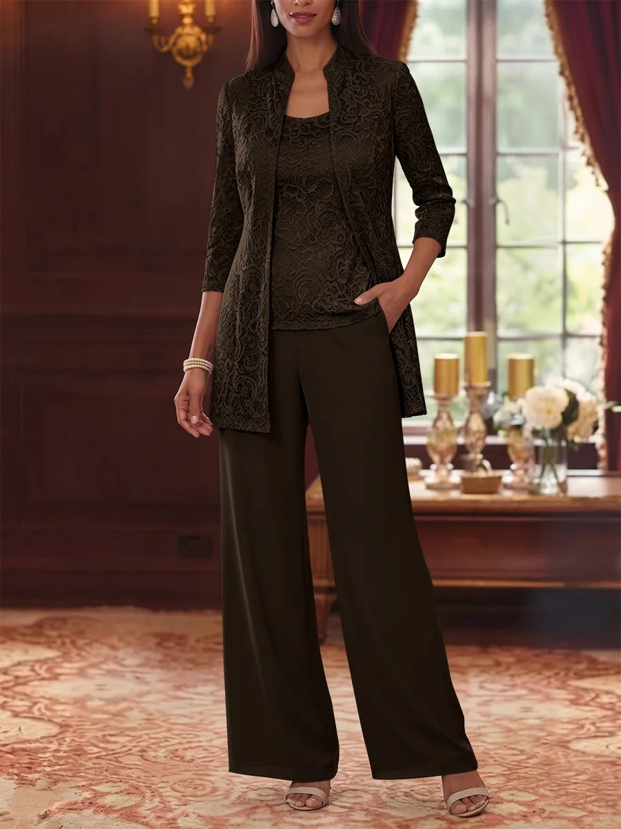 3 Pieces Suit Scoop Chiffon Mother of the Bride Pantsuits with Jacket 3/4 Sleeves Lace Ankle-Length