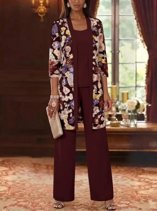 3 Pieces Chiffon Scoop  Mother of the Bride Pantsuits with Jacket Ankle-Length 3/4 Sleeves Lace Floral