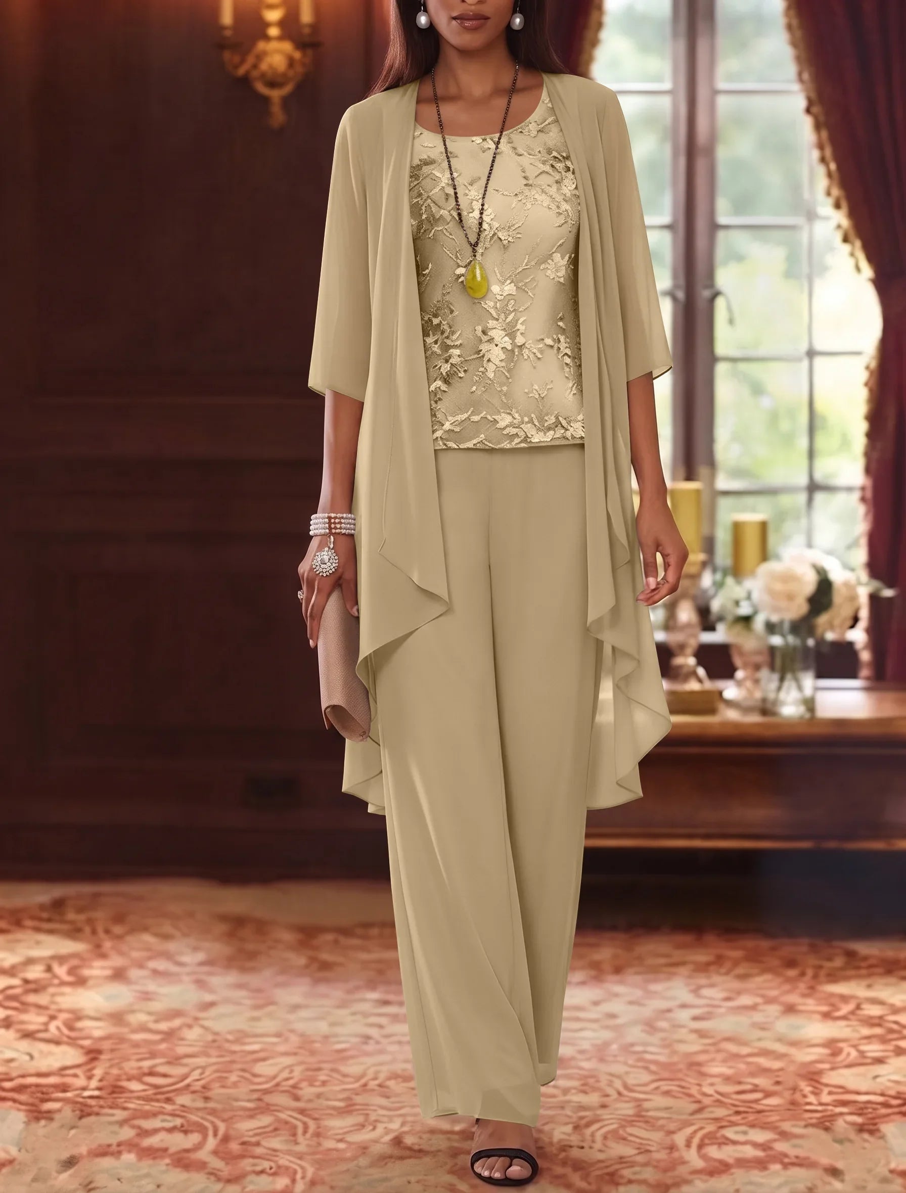 3 Pieces Scoop Chiffon Mother of the Bride Pantsuits with Jacket 3/4 Sleeves Ankle-Length Lace Floral