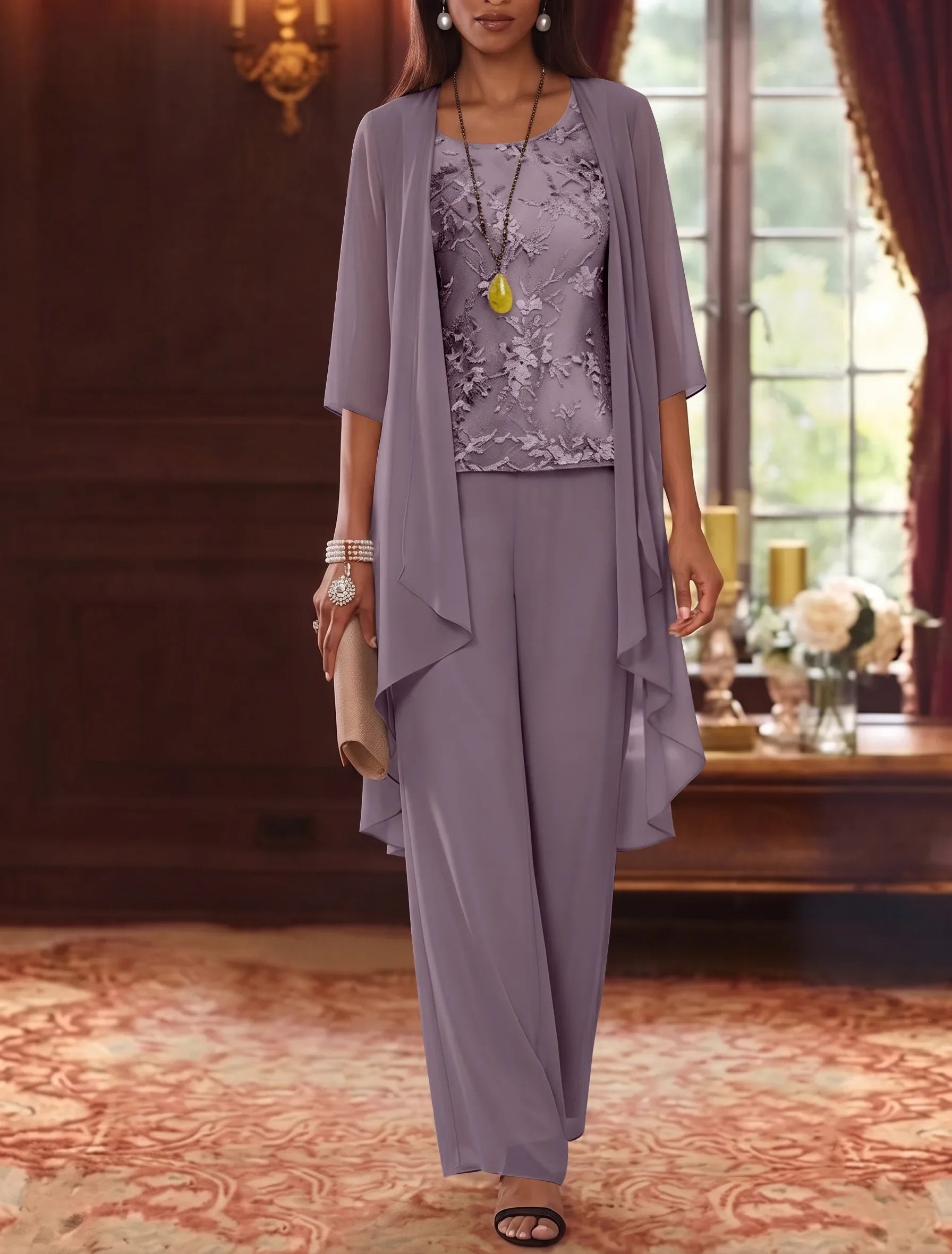 3 Pieces Scoop Chiffon Mother of the Bride Pantsuits with Jacket 3/4 Sleeves Ankle-Length Lace Floral