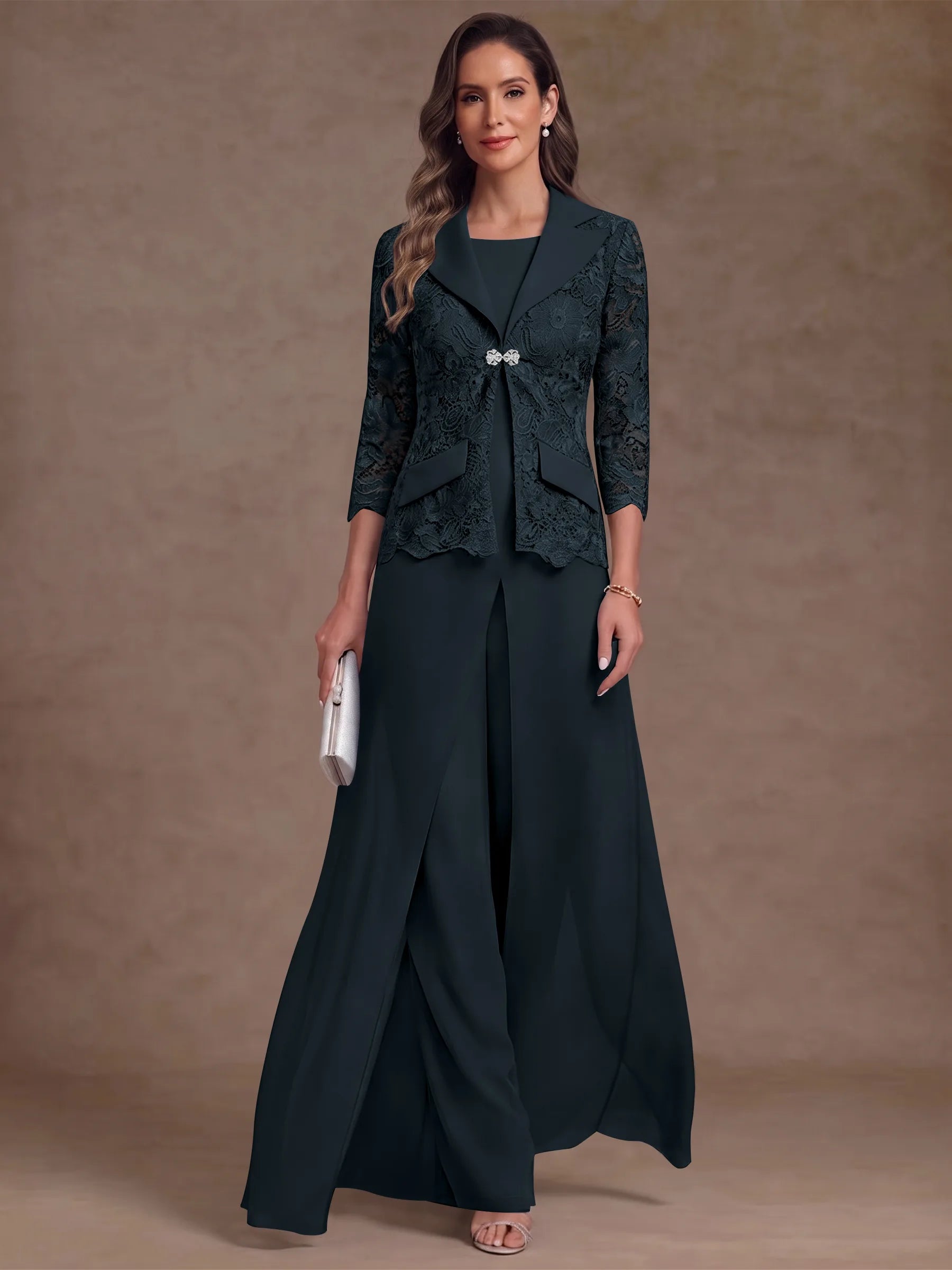 3 Pieces Suit Scoop Chiffon Mother of the Bride Pantsuits with Jacket Overskirt Lace Ankle-Length 3/4 Sleeves