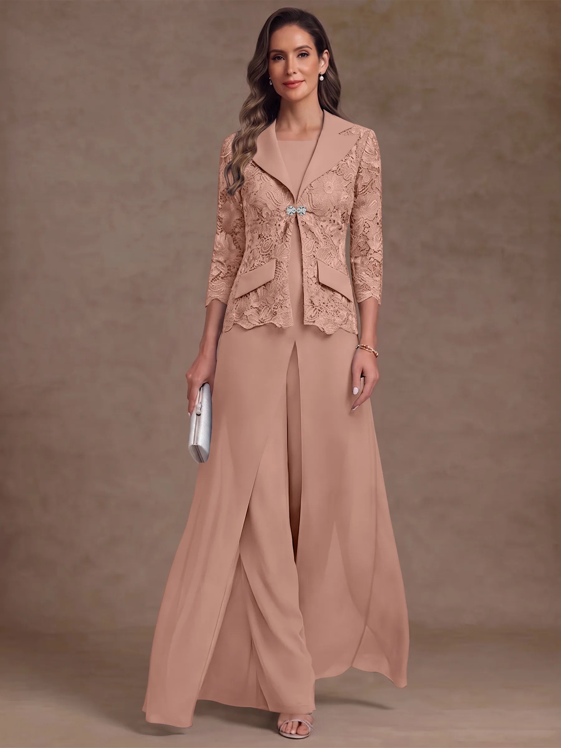 3 Pieces Suit Scoop Chiffon Mother of the Bride Pantsuits with Jacket Overskirt Lace Ankle-Length 3/4 Sleeves