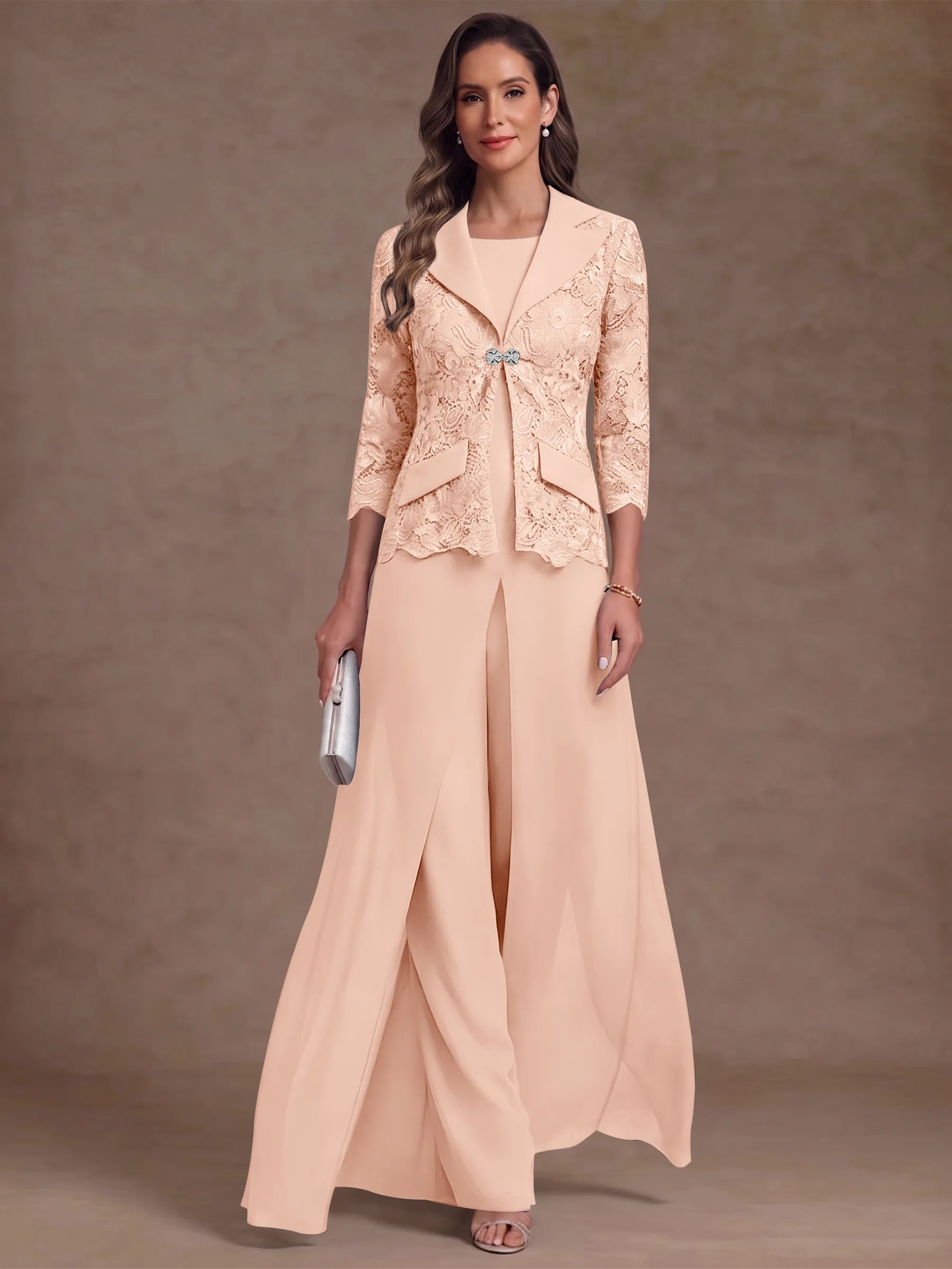3 Pieces Suit Scoop Chiffon Mother of the Bride Pantsuits with Jacket Overskirt Lace Ankle-Length 3/4 Sleeves