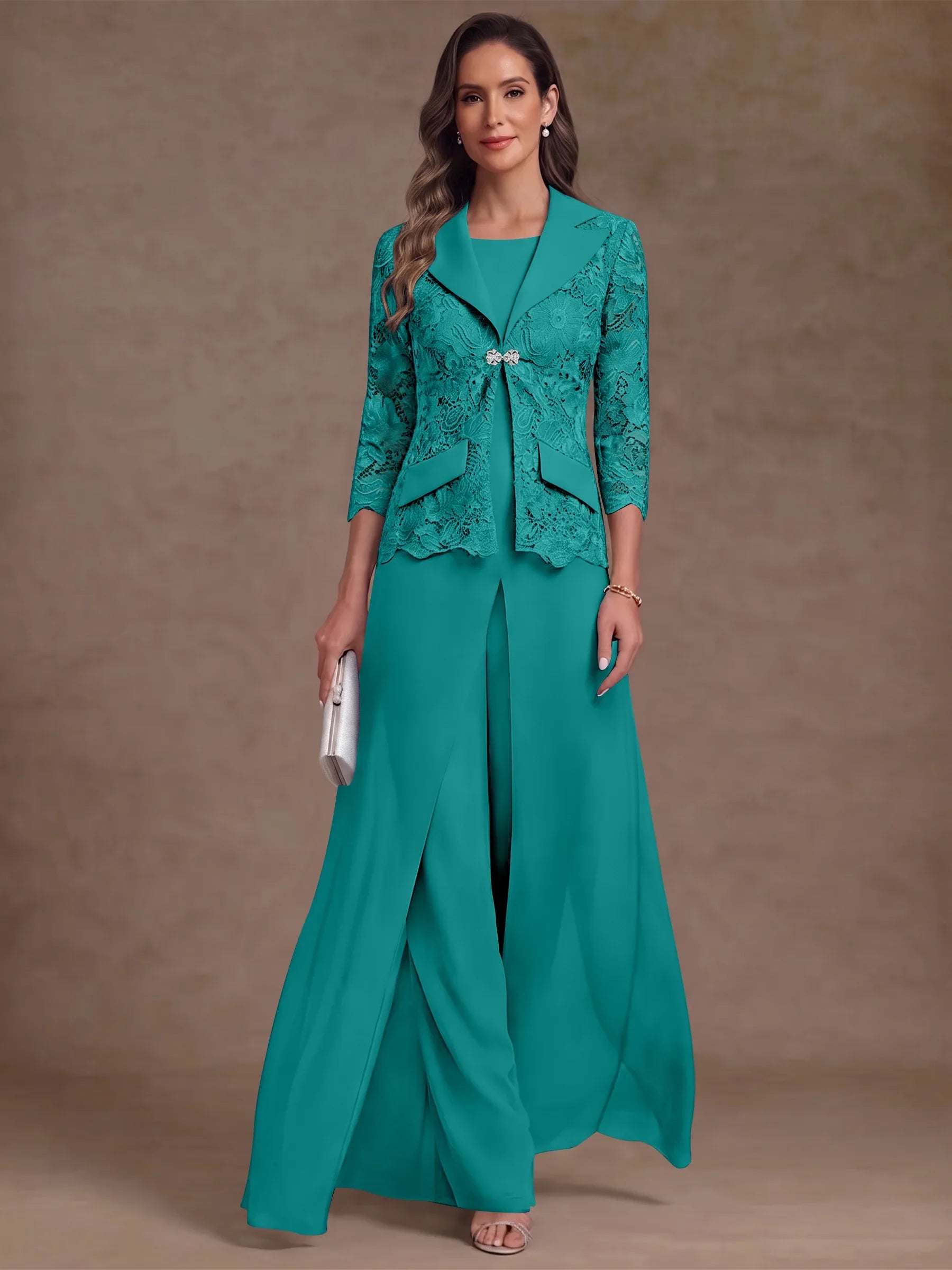 3 Pieces Suit Scoop Chiffon Mother of the Bride Pantsuits with Jacket Overskirt Lace Ankle-Length 3/4 Sleeves