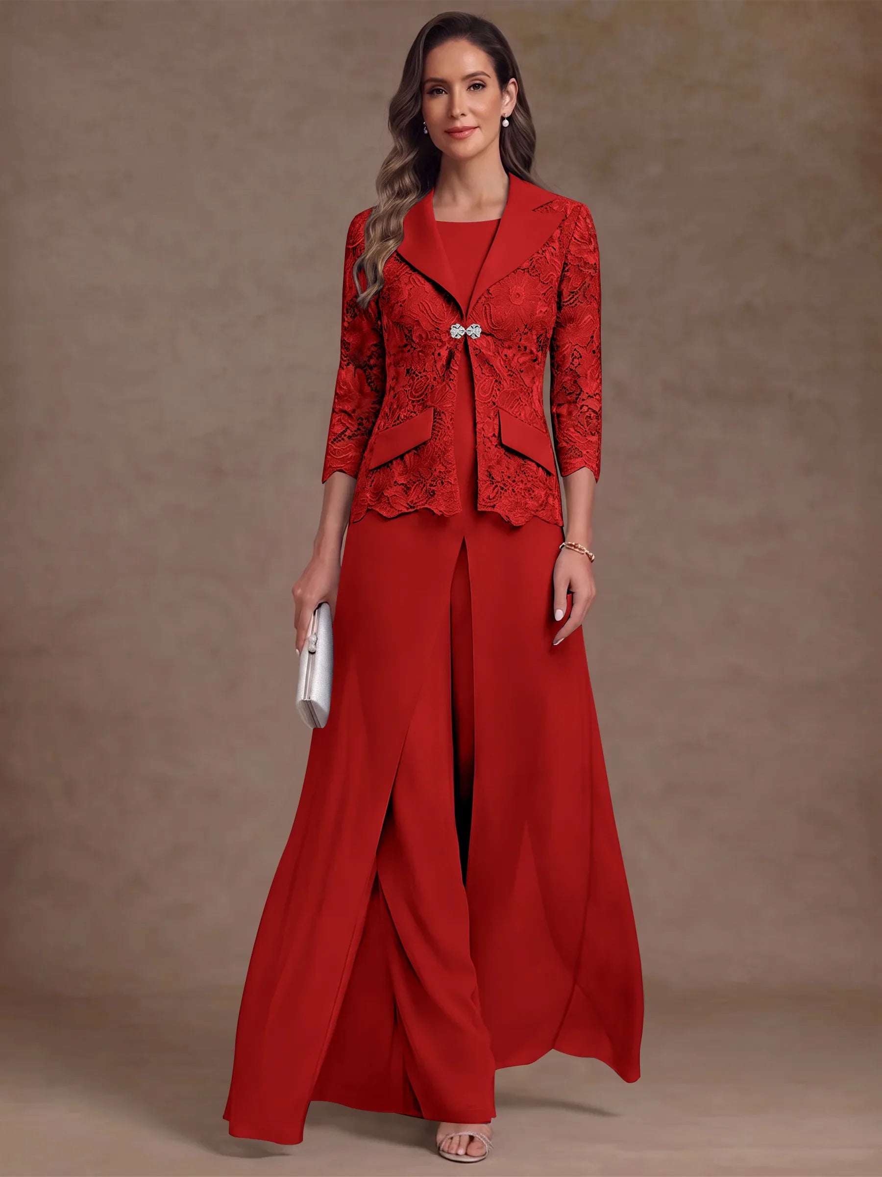 3 Pieces Suit Scoop Chiffon Mother of the Bride Pantsuits with Jacket Overskirt Lace Ankle-Length 3/4 Sleeves