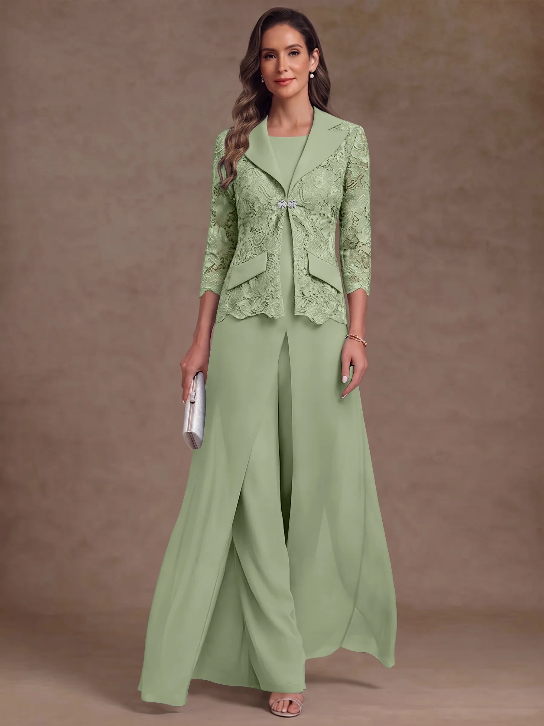 3 Pieces Suit Scoop Chiffon Mother of the Bride Pantsuits with Jacket Overskirt Lace Ankle-Length 3/4 Sleeves