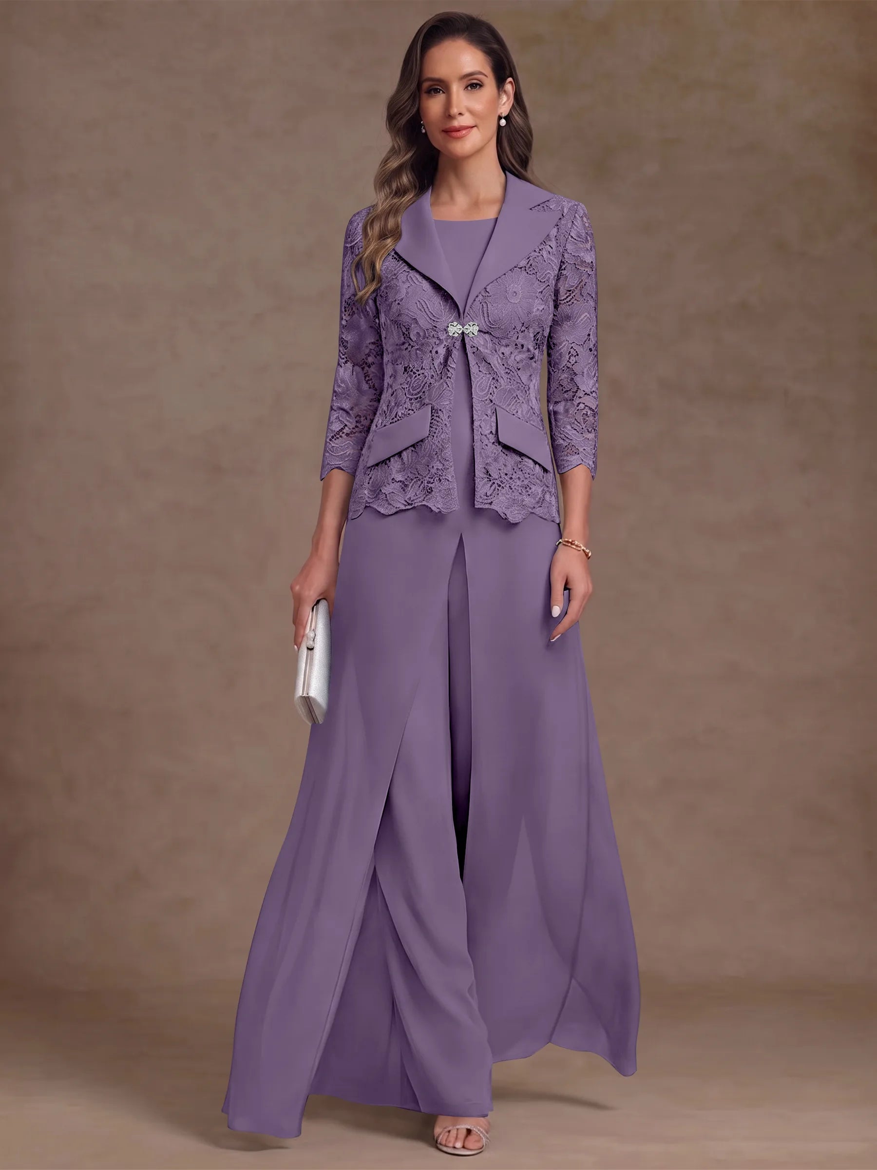 3 Pieces Suit Scoop Chiffon Mother of the Bride Pantsuits with Jacket Overskirt Lace Ankle-Length 3/4 Sleeves