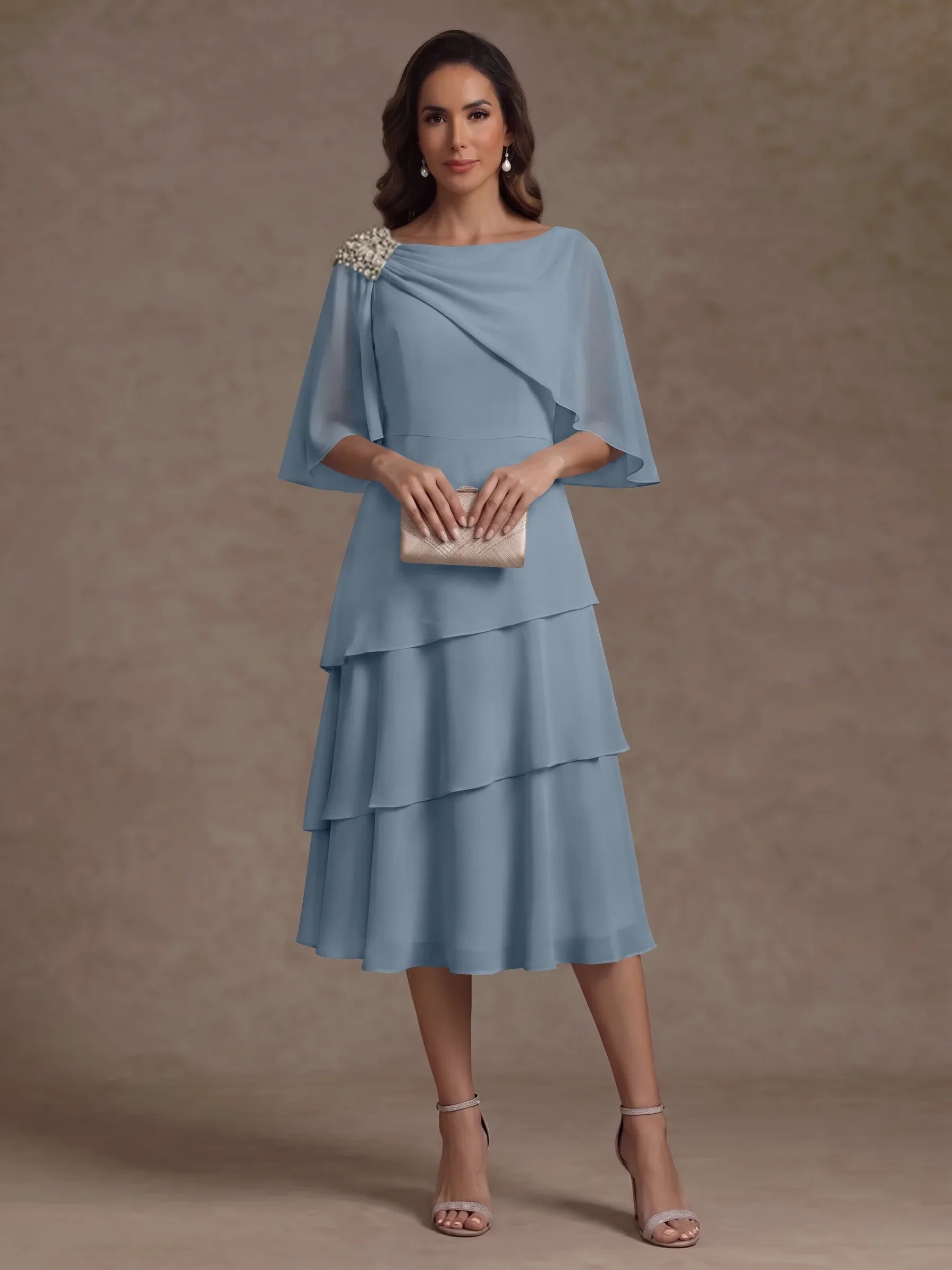 A-Line/Princess Boat Neck Chiffon Mother of the Bride Dresses Tea-Length Cape Sleeves Ruffles