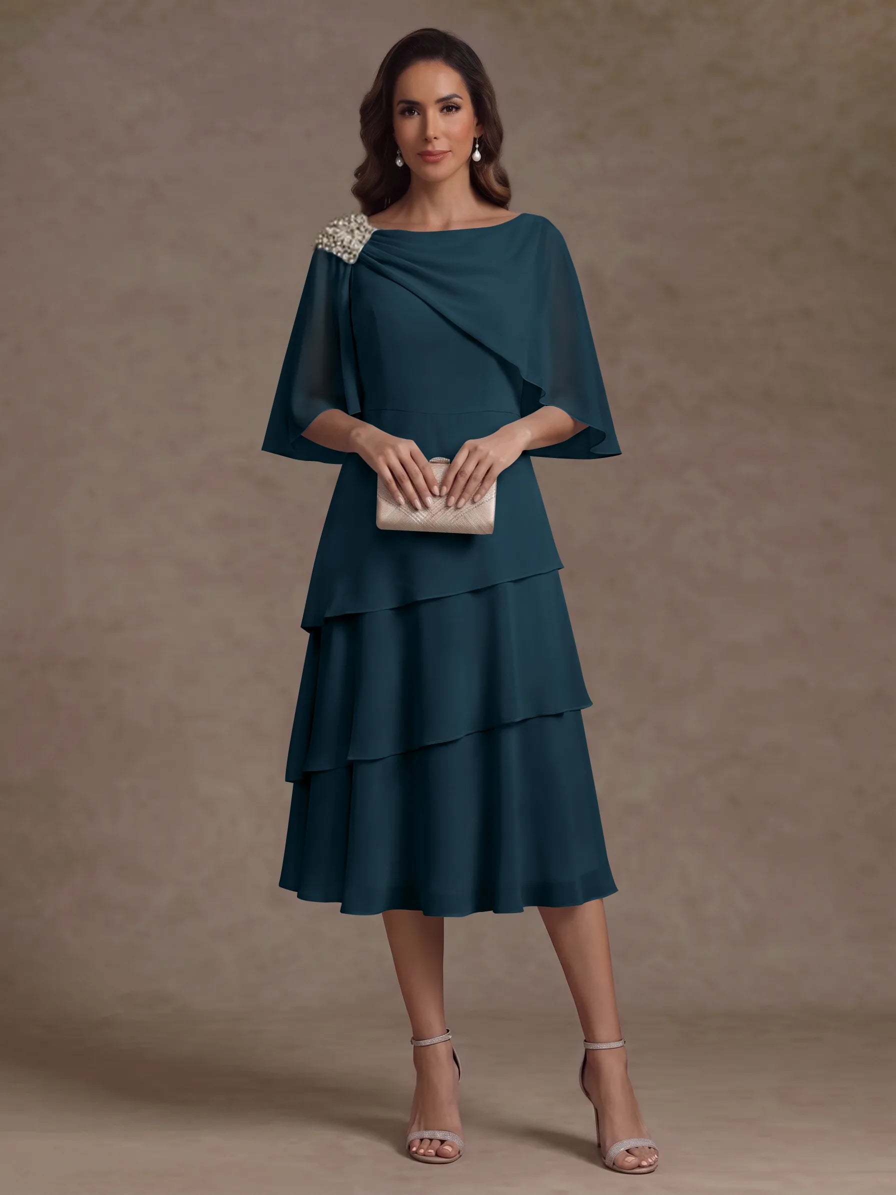 A-Line/Princess Boat Neck Chiffon Mother of the Bride Dresses Tea-Length Cape Sleeves Ruffles