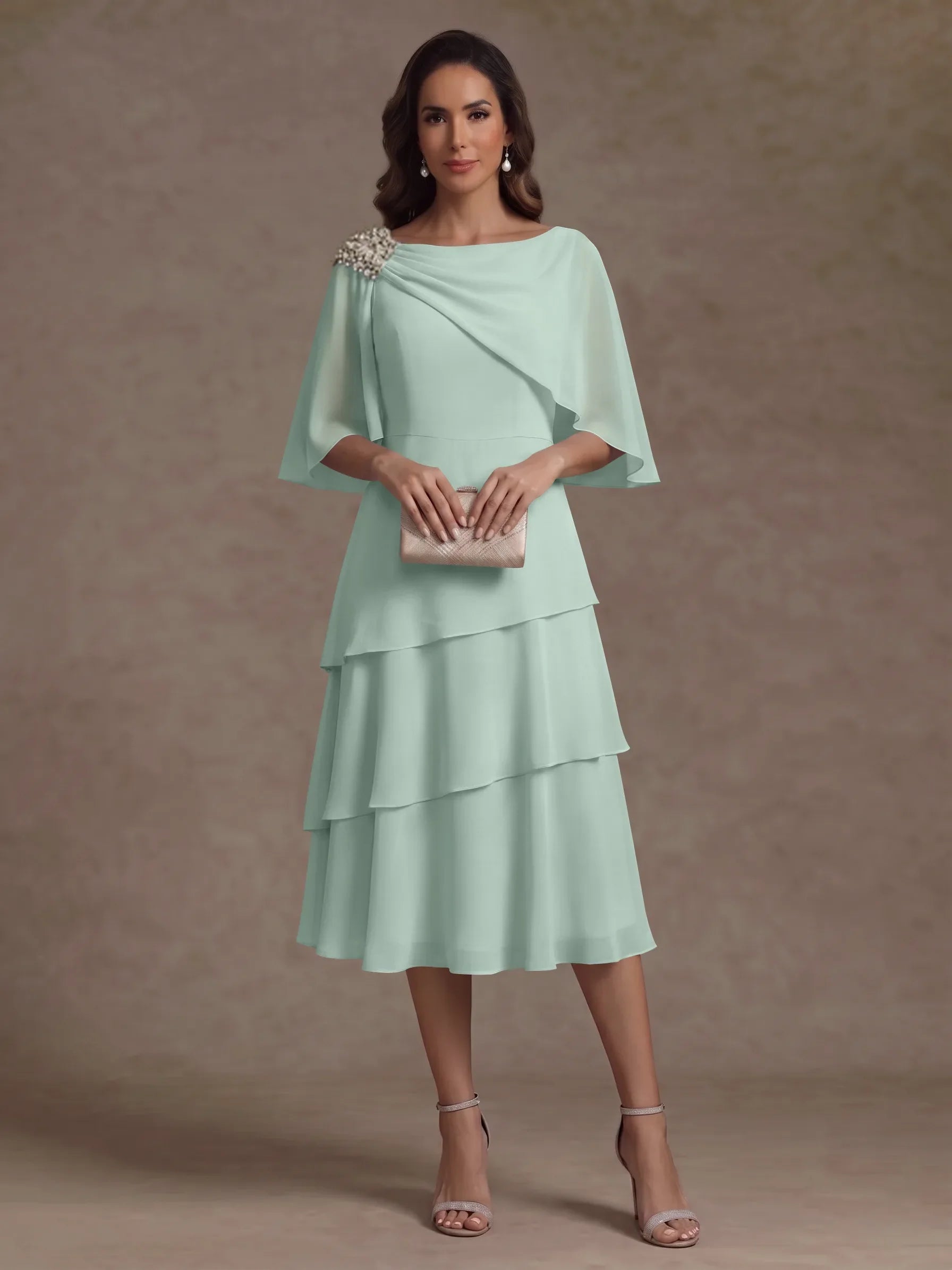 A-Line/Princess Boat Neck Chiffon Mother of the Bride Dresses Tea-Length Cape Sleeves Ruffles