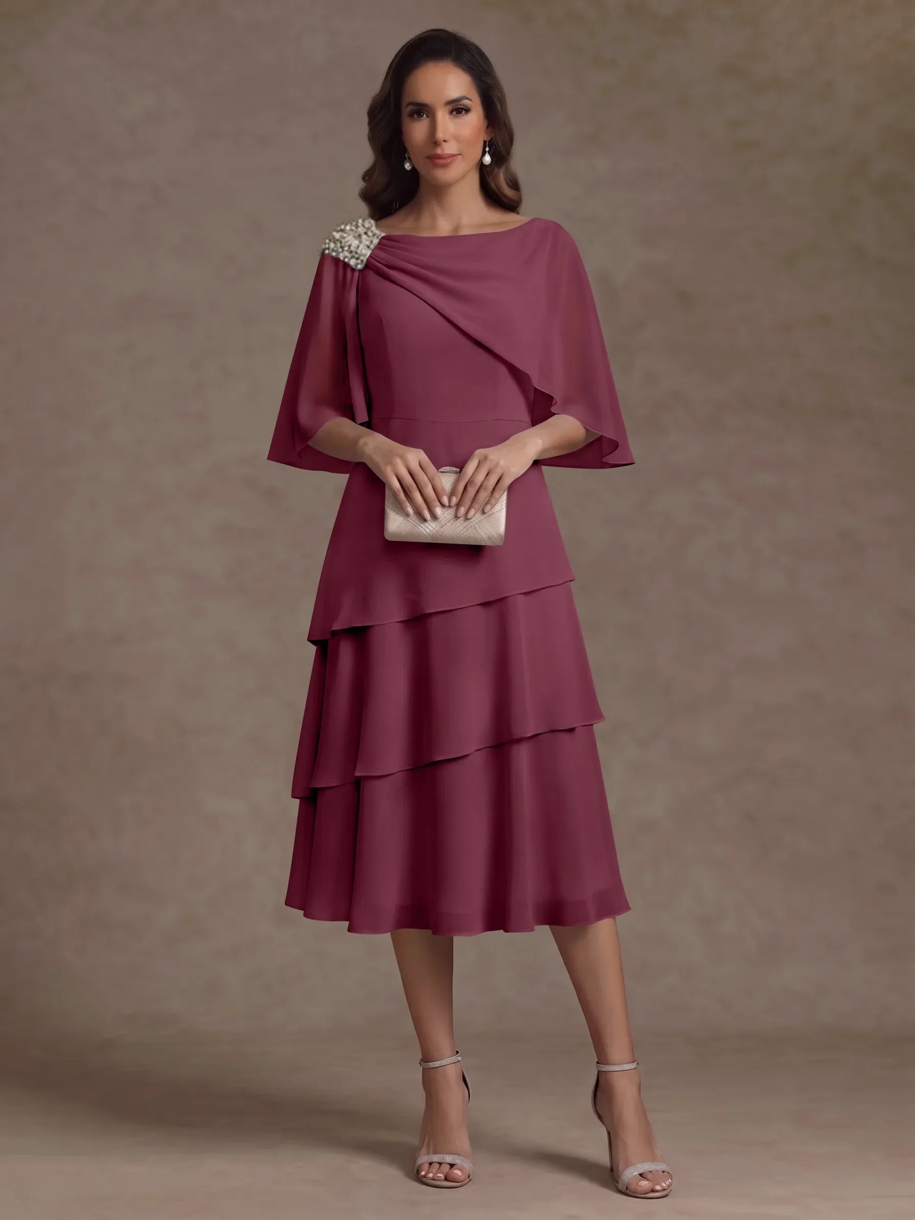 A-Line/Princess Boat Neck Chiffon Mother of the Bride Dresses Tea-Length Cape Sleeves Ruffles