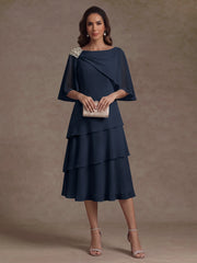 A-Line/Princess Boat Neck Chiffon Mother of the Bride Dresses Tea-Length Cape Sleeves Ruffles