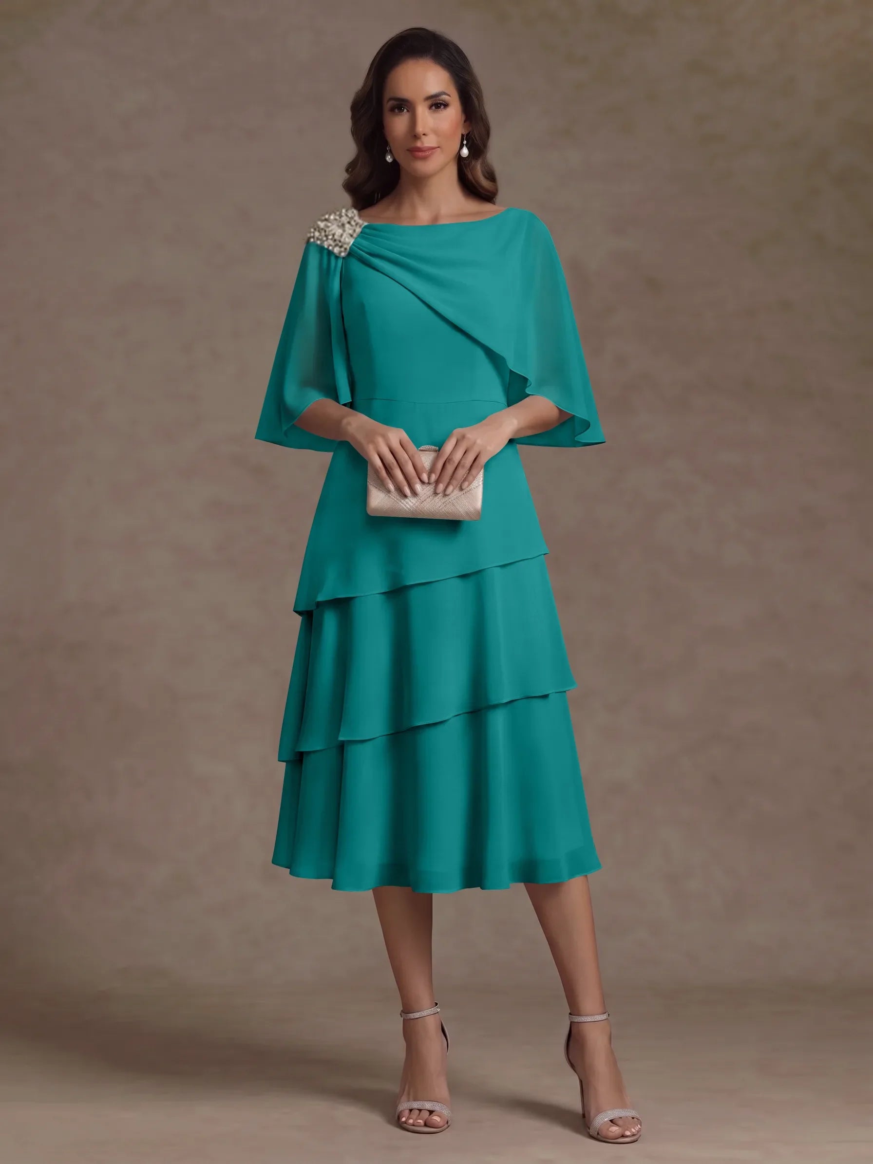 A-Line/Princess Boat Neck Chiffon Mother of the Bride Dresses Tea-Length Cape Sleeves Ruffles