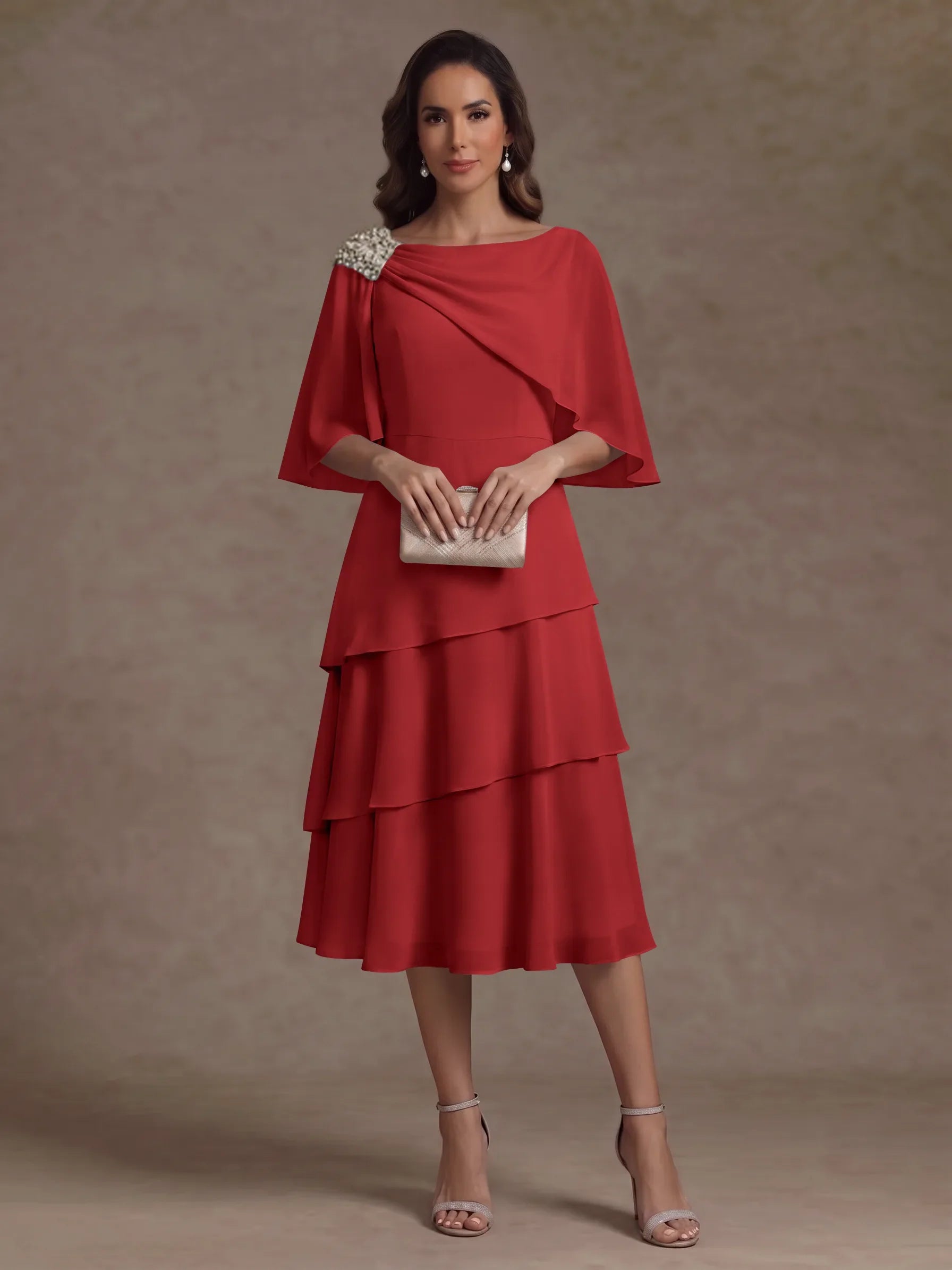 A-Line/Princess Boat Neck Chiffon Mother of the Bride Dresses Tea-Length Cape Sleeves Ruffles