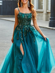 A-Line/Princess  Spaghetti Straps Sleeveless Floor-Length Evening Dress with Appliques