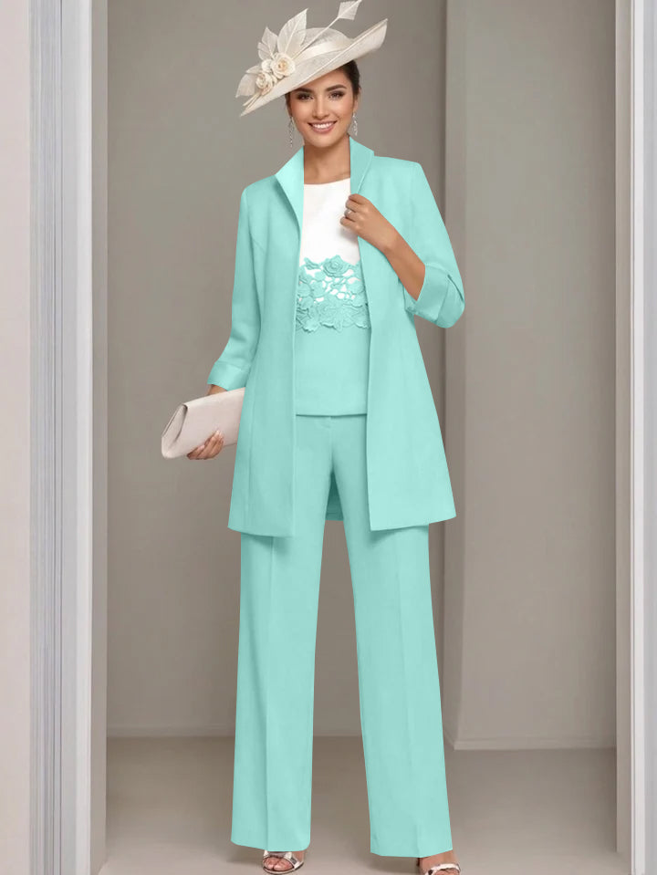 3 Pieces Square-Neck Ankle Length Mother of the Bride Pantsuits with Jacket & Appliques Lace