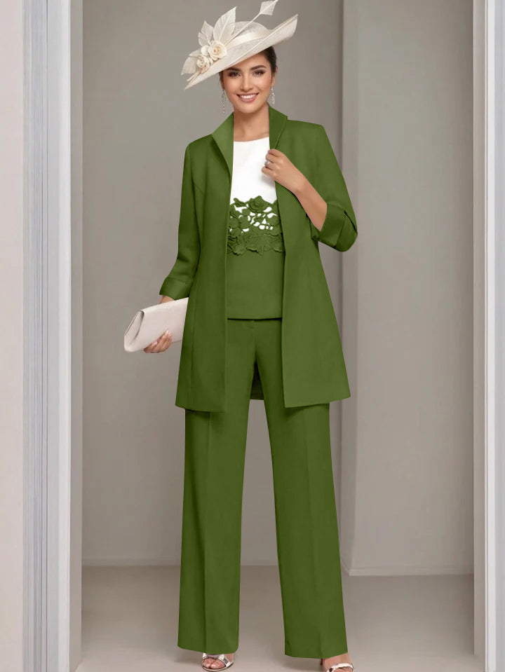 3 Pieces Square-Neck Ankle Length Mother of the Bride Pantsuits with Jacket & Appliques Lace