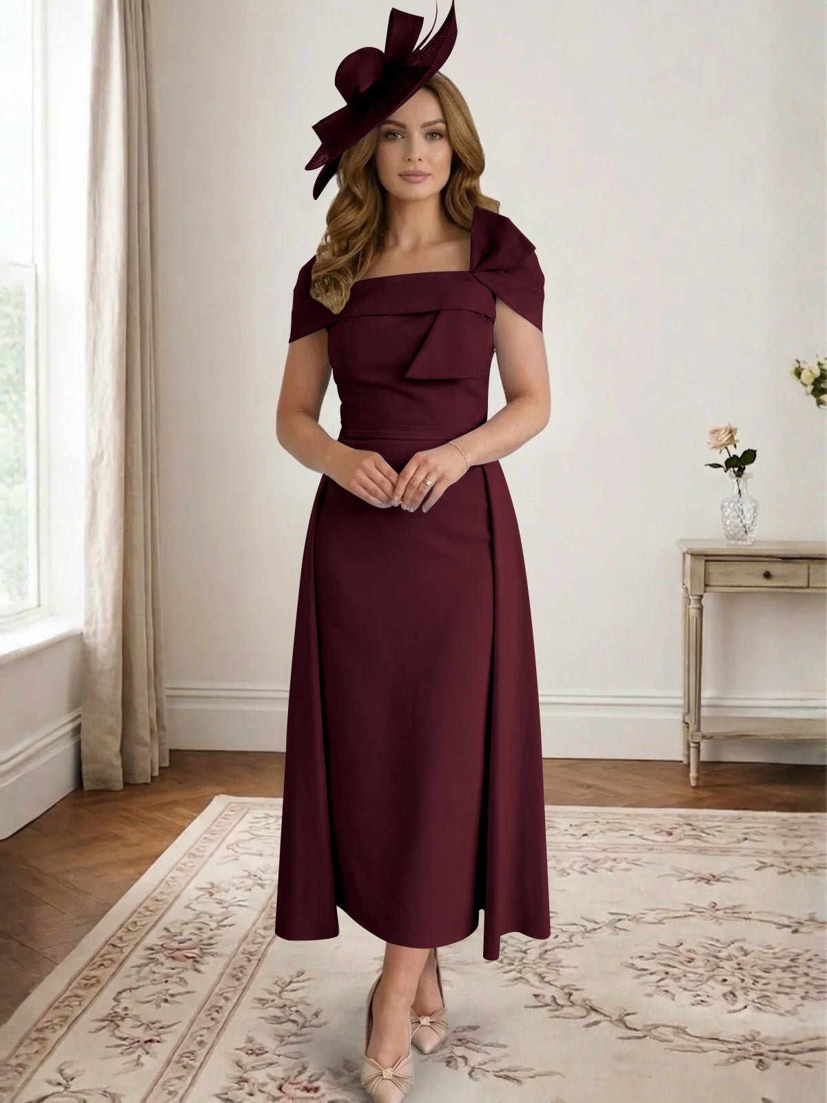A Line/Princess Off-the-Shoulder Tea-Length Mother of the Bride Dresses with Bowknot
