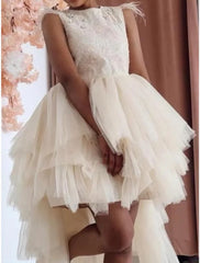 A-Line/Princess Asymmetrical High Low Flower Girl Dresses with Beading & Feather