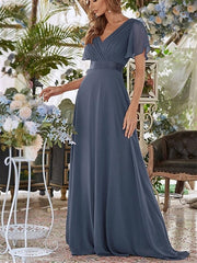 A Line/Princess V Neck Short Sleeves Floor-Length Wedding Guest Dress