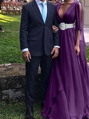 A-Line Floor Length Long Sleeve V Neck Wedding Guest Dresses  Chiffon with Belt