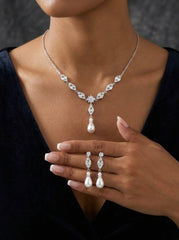 1 set Bridal Jewelry Two-piece Suit Rhinestone Imitation Diamond Necklace Earrings Women's Jewelry Set  For Wedding Gift