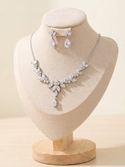 1 Set Bridal Jewelry Two-piece Elegant Leaf Cubic Zirconia Wedding Jewelry For Bride Earrings & Necklace