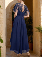 A-Line/Princess Asymmetrical Neckline Short Sleeves Asymmetrical Mother of the Bride Dresses with Ruffles & Lace Appliques