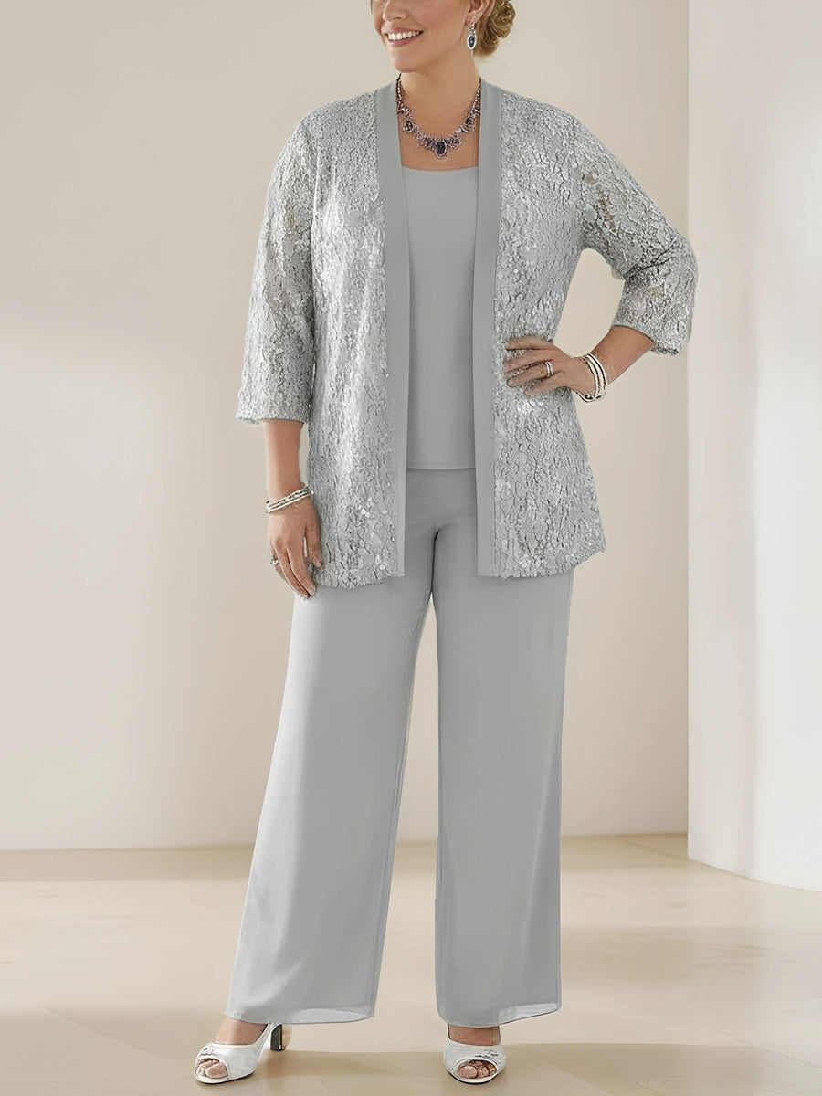 3 Pieces Scoop Neck 3/4 Sleeves Plus Size Mother of the Bride Pantsuits with Lace & Sequins & Jacket Ankle-Length