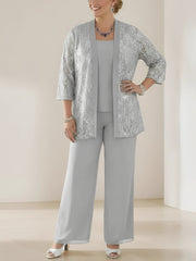 3 Pieces Scoop Neck 3/4 Sleeves Plus Size Mother of the Bride Pantsuits with Lace & Sequins & Jacket Ankle-Length