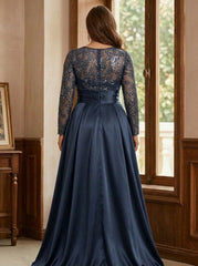 A-Line Scoop Satin Sequin Plus Size Mother of the Bride Dresses Long Sleeves Floor-Length Wedding Guest with Split Side