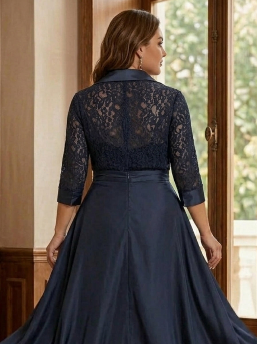 2 Pieces Plus Size Mother of the Bride Pantsuits Lace Shirt Collar 3/4 Sleeves Jumpsuit Ruched Detachable