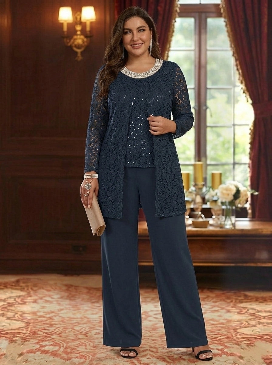 3 Pieces Chiffon Jewel Neck Plus Size Mother of the Bride Pantsuits with Jacket Lace Ankle-Length Half Sleeves