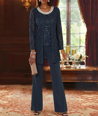 3 Pieces Chiffon Jewel Neck Mother of the Bride Pantsuits with Jacket Lace Ankle-Length Half Sleeves