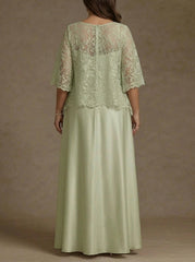 2 Pieces A-Line/Princess Silk Satin Scoop Plus Size Mother ofthe Bride Dresses Lace Floor Length Short Sleeves