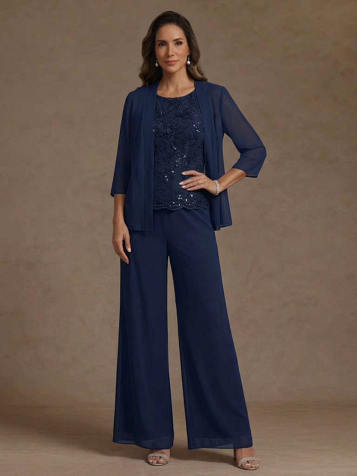 3 Pieces Suit Chiffon Mother of the Bride Pantsuits with Jacket Scoop 3/4 Sleeves Ankle Length Lace Sequins