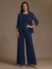 3 Pieces Suit Chiffon Mother of the Bride Pantsuits with Jacket Scoop 3/4 Sleeves Ankle Length Lace Sequins